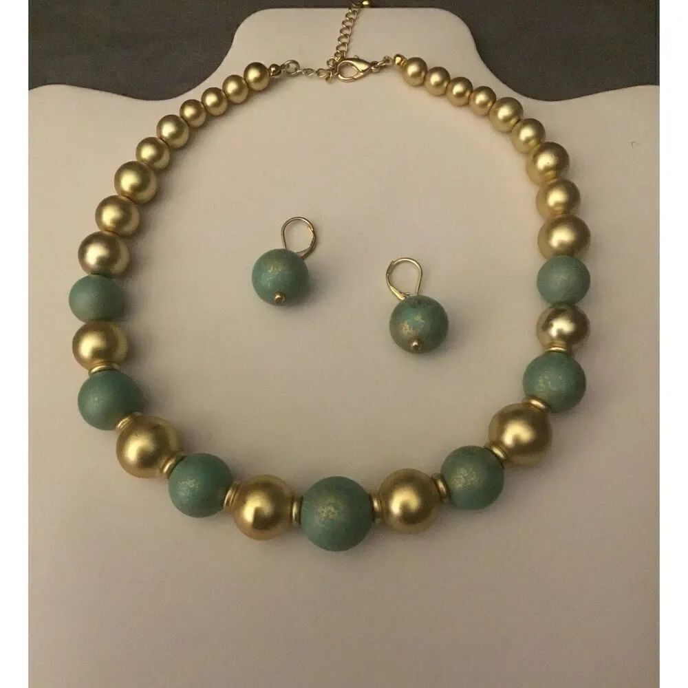 Turquoise Patina /Gold Ball Necklace Set